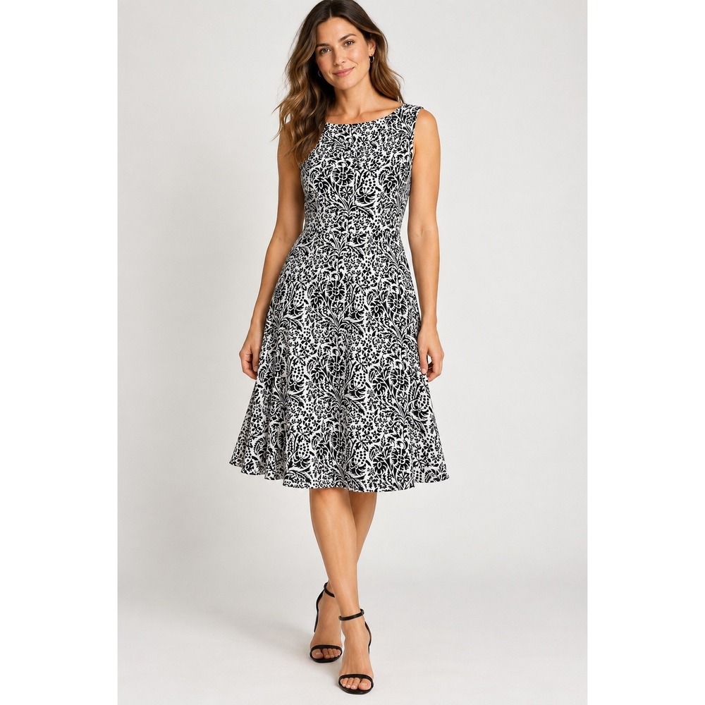 Talbots Sleeveless Fit & Flare Dress Womens 10 Black White Floral Casual